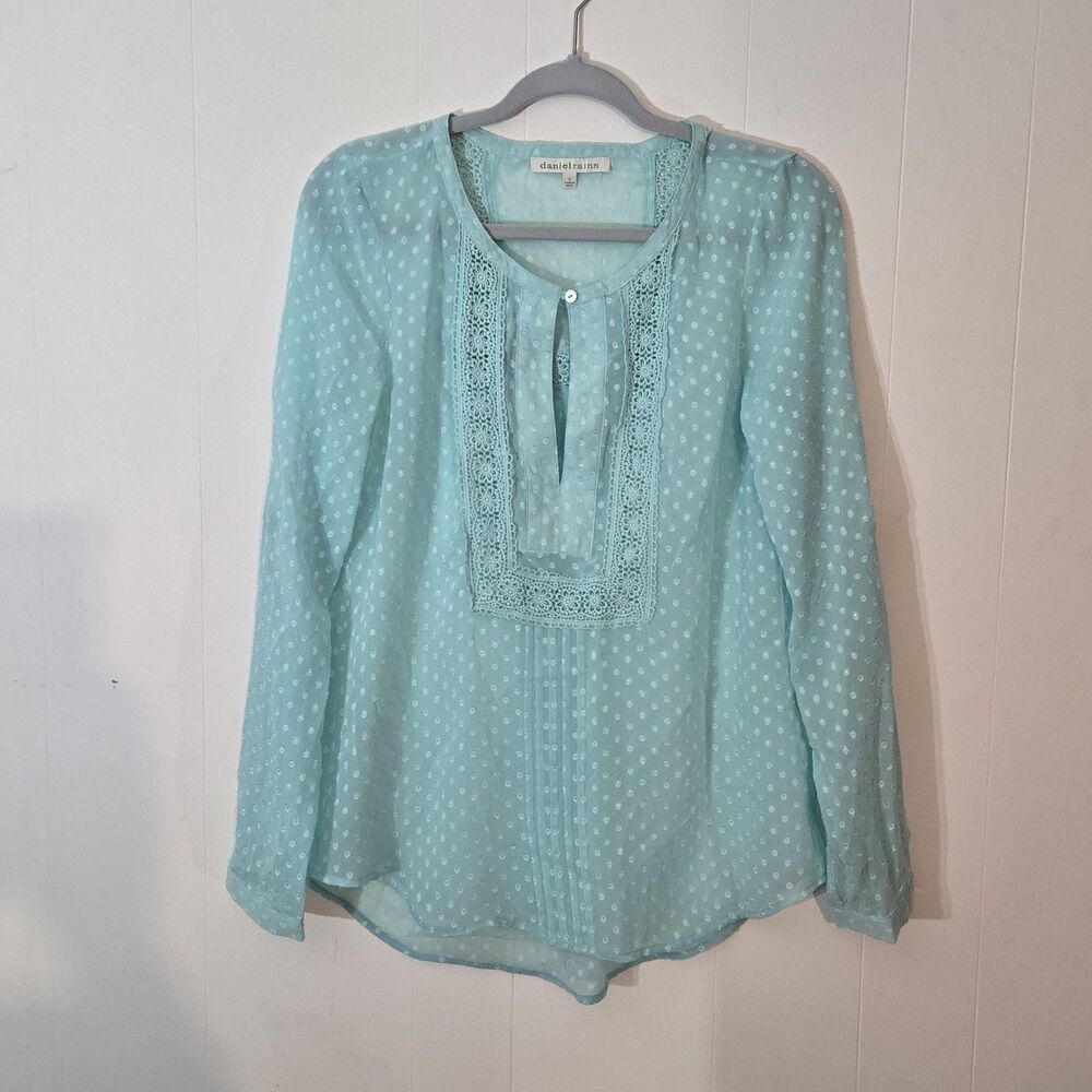 Daniel Rainn Swiss Dot Embroidered Lace Roll Tab Blouse Cottagecore